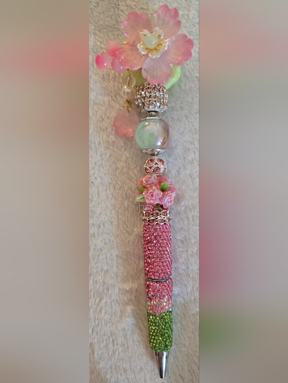 Pink & Green Beaded Pen - Flower